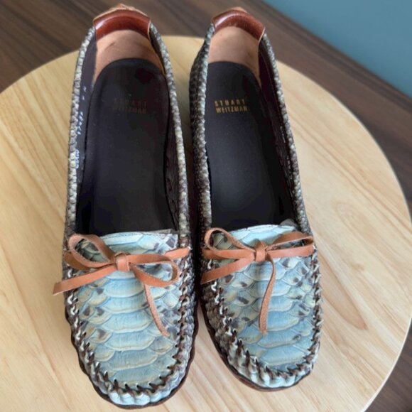 Stuart Weitzman 9 M Loafers Aqua Washed Boa Snake Sioux - Picture 6 of 10